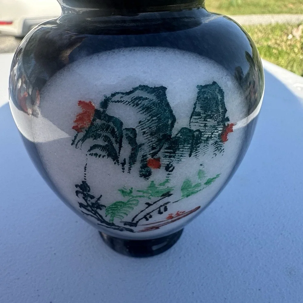 Vintage Chinese Marble Stone Carved Painted Landscape Crane Artwork Flowers Vase
